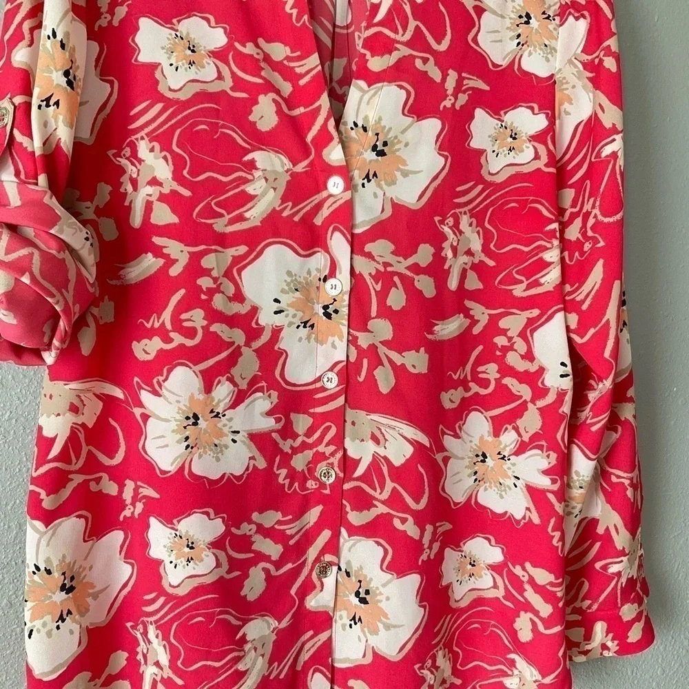 Karl Lagerfeld Blouse coral with floral print long sleeve size Large T177